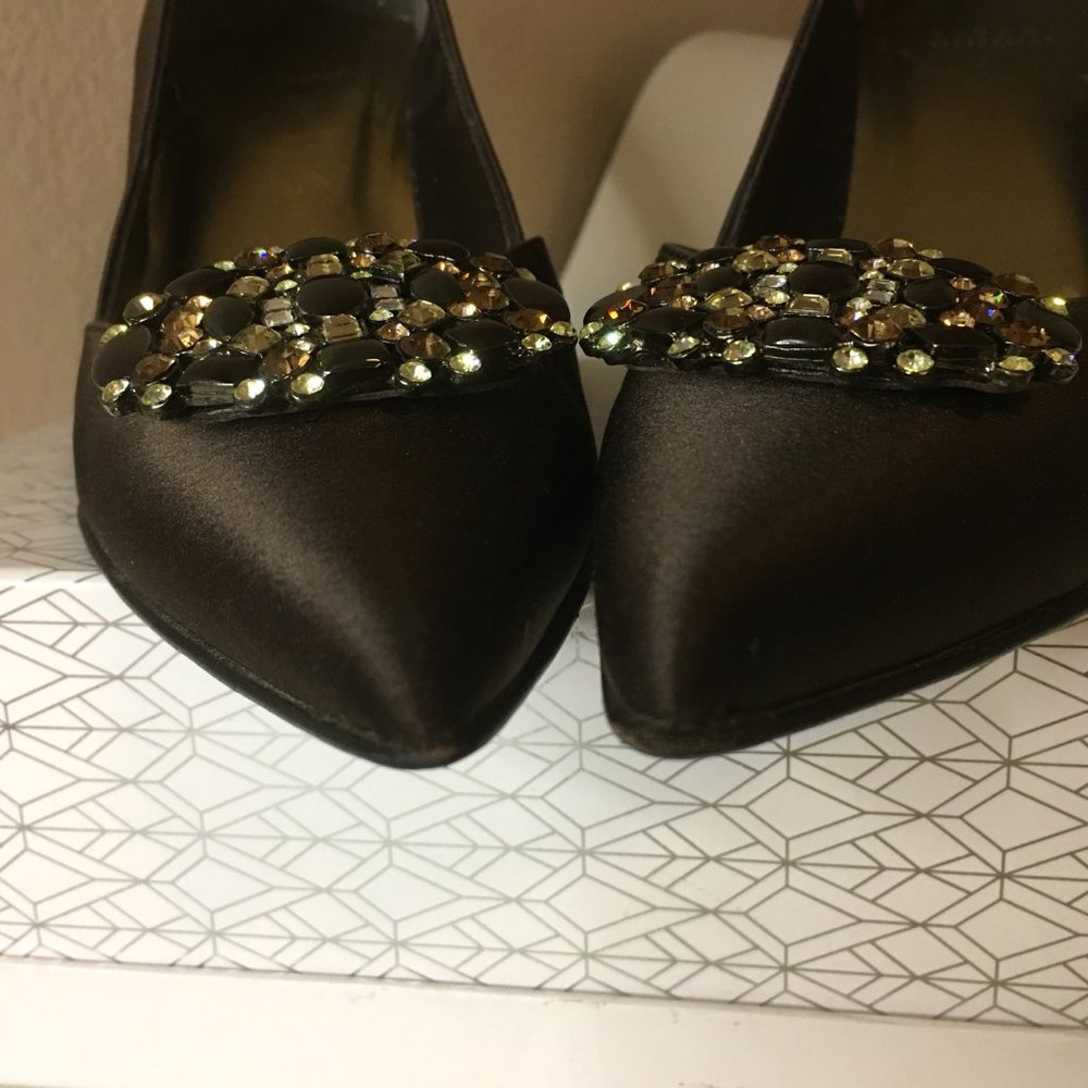 STUART WEITZMAN ✨ Brown Satin Rhinestone Embellished Heels - Picture 9 of 14